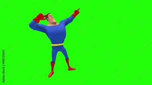 Happy humorous animated superhero strongman cartoon character in front of green screen performs the Usain bolt pose multiple times