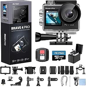AKASO Brave 4 Pro 4K30 Action Camera with 64GB MicroSD U3 Card, 131FT Underwater Waterproof Camera EIS Touch Screen Remote Control with 2x1350mAh Batteries and Helmet Accessories Kit Bundle