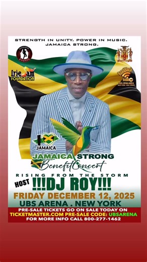 🚨 BREAKING NEWS ALERT! 🇯🇲 @djroyiriejam just added #Host Roy 🚨 The Pre-Sale for the Jamaica Strong Benefit Concert is LIVE TODAY at 10am on Ticketmaster.com ! 🎟️🔥 Use exclusive code ➡️ UBSARENA ⬅️ to unlock early access and secure your tickets NOW for this historic night of music and unity — Friday, December 12, 2025, at the UBS Arena, Queens, NY. Featuring performances by: 🎤 Shaggy 🎶 KES the Band 🔥 Inner Circle 🎧 T.O.K. 🎵 Richie Stephens 🎙️ Mikey Spice 💫 Chronic Law ✨ Tessanne Chin