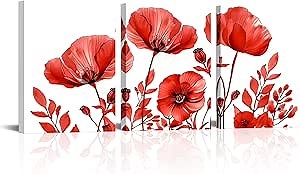 Vefacaiyo Red Poppy Flower Canvas Wall Art Abstract Watercolor Poppy Pictures Wall Decor Red Flowers Canvas Paintings Artwork12''x16''x3panels