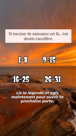 Chloé on Instagram: "Ton jour de naissance porte une vibration. Et en ce moment... elle s'active plus fort que jamais. Si tu lis ce message maintenant, c'est que ta ligne de vie est en train de bouger. Ne laisse pas ce signal passer. Choisis ton groupe. Reçois ton message. Et agis. 🍀1-8 Un imprévu va recoder ton chemin. Ce ne sera pas logique... mais ce sera juste. Tape "Je suis prêt(e)" si tu acceptes l'inattendu. 🍀9-15 Un signe puissant va apparaître d'ici 48h. Il ne sera pas anodin. Ce sera