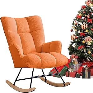 Rocking Chair Nursery Teddy Upholstered Glider Rocker Rocking Accent Chair Padded Seat with High Backrest Armchair Comfy Side Chair for Living Room Bedroom Offices (Orange Teddy)