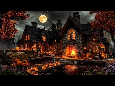 Cozy Autumn Haunted House Halloween Ambience with Relaxing Crackling Fire & Nature Sounds for Sleep