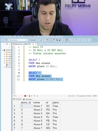 📌 Série educativa de SQL 📅 Vídeos novos todos os dias às 18h Nesta aula, você vai aprender a identificar valores ausentes (NULL) no SQL Server e evitar erros comuns em consultas. 🎥 Aula 13 – IS NULL e IS NOT NULL • Diferença entre NULL e vazio • Como filtrar dados ausentes • Erro comum ao usar = NULL 📘 Conteúdo educacional 📊 Exemplos práticos em SQL Server 🎯 Mais qualidade na análise de dados 👉 Acompanhe o perfil para continuar a série #SQL #AprendaSQL #SQLServer #AnaliseDeDados #PowerBI 