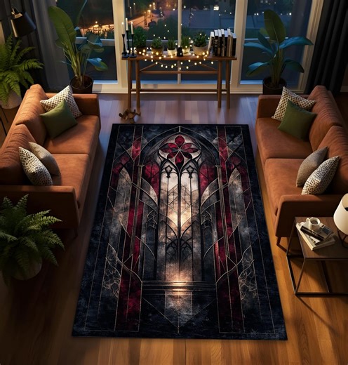 Gothic Cathedral Stained Glass Rug, Dark Medieval Arch Window Design, Red Black Gothic Aesthetic Statement Rug, Washable Customizable Print - Etsy