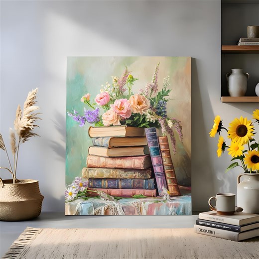 Stack of Books Paint by Number Kits, Still Life  Canvas Art  DIY Color Wall Art , Vintage Book Stack Decor,Book Lover Bookish Gift