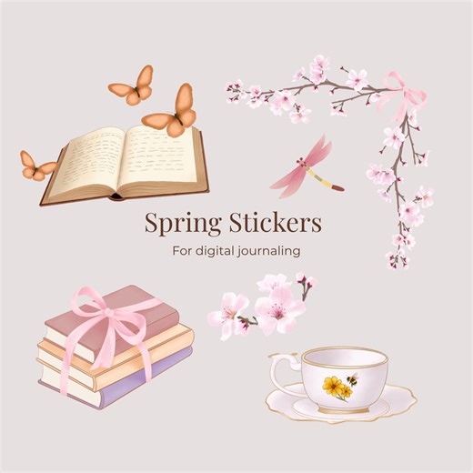Spring Reading Stickers Digital | Bookish Spring Stickers PNG | Cherry Blossom Journal Stickers | Book Lover Gift - Etsy