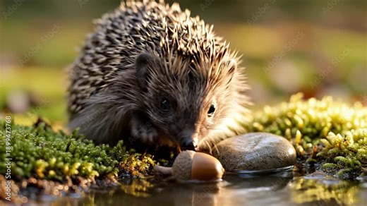 Hedgehog explores acorn on moss near water reflection. Wild animal sniffs acorn by stone in nature. Hedgehog foraging outdoors on moss. Animal drinks water near acorn. Wildlife in natural habitat.