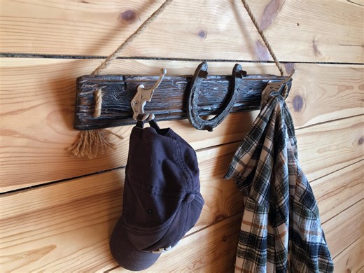 Reclaimed Wood Coat Rack 22 Inches | Rustic Wall Mounted Oak Rack With Antique Horseshoe   2 Vintage Hooks - Etsy