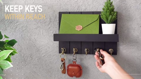 Rebee Vision Farmhouse Key Holder Wall Mount - Modern Key Holder for Living Room and Mail Organizer with Shelf & Hooks for Apartment Essentials - Home Decor Aesthetic (Black, 3.54"D x 10"W x 7.28"H)