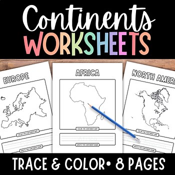 CONTINENTS Worksheets, World Geography, Word Tracing Activities, Coloring Pages
