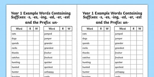 Year 1 Example Suffix and Prefix Words Assessment