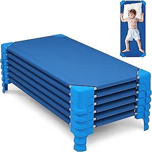 KOTEK Stackable Daycare Cots for Kids, Portable Children Nap Cots, 53" L x 24" W, Ready-to-Assemble, Space Saving Toddler Sleeping Cots for Classroom Preschool (6 Pack, Blue)