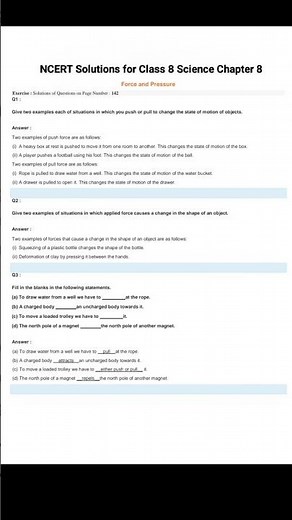 NCERT Solutions for Class 8 Science Chapter 8Force and Pressure ncert question answer english medium