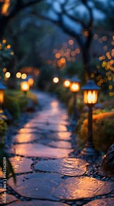 A path lit by lanterns with a dark sky background