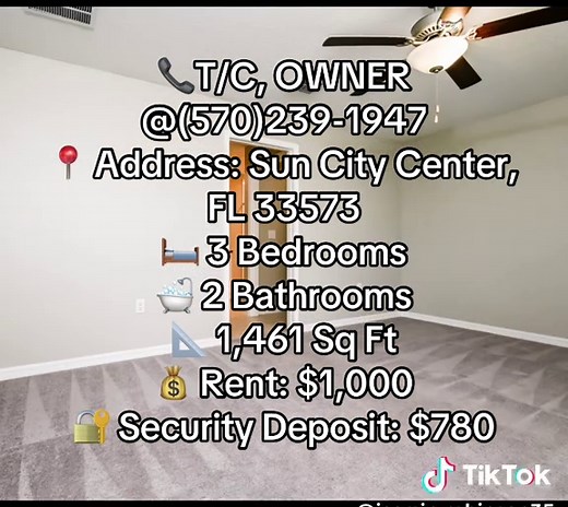 🏡✨ Beautiful 3-Bedroom Home for Rent in Sun City Center, FL! ✨🏡 Looking for comfort, space, and peaceful Florida living? This charming 3 bed / 2 bath home in Sun City Center, Florida offers 1,461 sq ft of inviting living space—perfect for families, retirees, or anyone looking for a quiet and convenient community 🌴☀️ 📍 Address: 7121 Amelia Cove Ct, Sun City Center, FL 33573 🛏 3 Bedrooms 🛁 2 Bathrooms 📐 1,461 Sq Ft 💰 Rent: $1,000 🔐 Security Deposit: $780 Enjoy a spacious layout, bright li