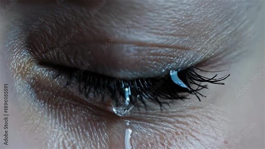 A very close-up shot captures a glistening tear slowly rolling down from a human eye, emphasizing deep emotion and vulnerability. The detailed macro view highlights the delicate eyelashes and the natu