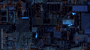 Abstract digital computer processors and electronic components on a circuit board process data. Technological basis of abstract motherboard. 4K animation of data transfer.