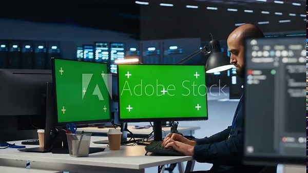 IT supervisor working on isolated screen computers in data center, ensuring optimal performance. Person monitoring energy consumption across servers with chroma key desktop PC