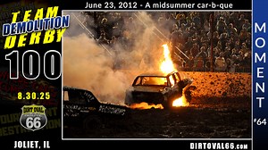 Our used car prices are hot hot HOT! In the middle of the heated Orange Crush vs Reckoning rivalry, this fiery moment cranked up the intensity to a much more serious level than our pun-filled introduction. #61 Johnny Ryan targeted #79 Wally Hartung throughout the opening minutes of the race. First with a hard smash to the front end up against the back wall and ending with another direct hit to the same damaged area over the passenger side front tire, attempting to tear through any protection to 
