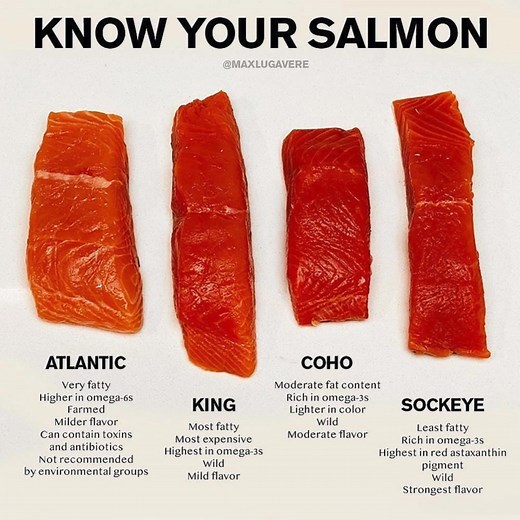 Not all salmon is the same. Save this post for future reference! 🐟 ⁣⁣ ⁣⁣ Salmon is one of the most widely available fish for consumers, and its one of the oily cold water fish that also have a lot of super important micronutrients. Your omega-3s are a good example. Cooked salmon typically contains 500–1500 mg DHA and 300–1000 mg EPA per 100 grams.⁣⁣ ⁣⁣ Depending on salmon species, there are different flavor profiles and health benefits. A fattier wild salmon will have more omega-3s, unless that