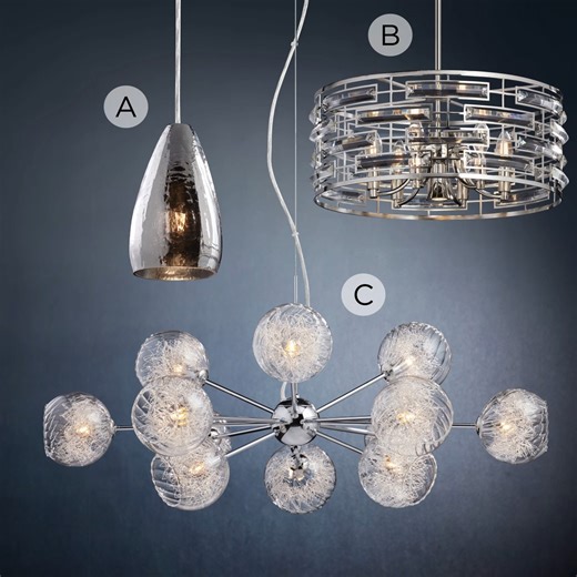 7K views · 22 reactions | Shimmer and shine ✨ Which of these glittering fixtures would go best in your home? #myLampsPlus A: Portico Crackle Glass Mini Pendant- Style W6676 B: Smart Nickel & Crystal Pendant Light- Style 39H46 C: Wired Glass & Chrome Chandelier- Style W6919 Shop chandeliers and pendants in shades of silver: https://bit.ly/41XGgDW | Lamps Plus | Facebook