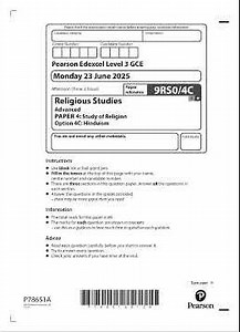 Combined 2025 Pearson EDEXCEL A Level Religious Studies Paper 4 And Mark Scheme 9rs0 4c Hinduism