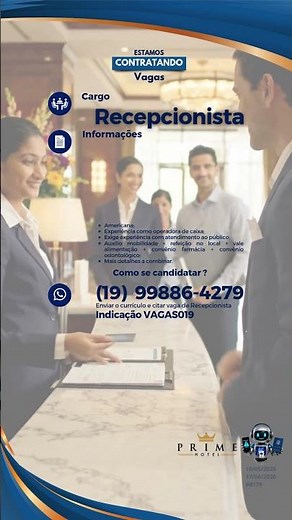 Vaga Recepcionista em Americana/SP - Vagas019