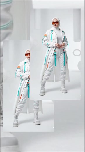 Prompt 1 : Edit foto wanita muda body sedikit berisi ini menjadi Seorang model wanita bergaya futuristik berdiri percaya diri, mengenakan outfit techwear modern berwarna putih dengan aksen biru toska dan oranye, jaket panjang dengan detail utilitarian, celana cargo futuristik dengan panel geometris, sepatu boots modern high sole, kacamata hitam futuristik, hijab putih. Lipstik warna maron ombre, make ala Korea , ilner berekor,cat kuku orens. Pose fashion editorial, tampak full body. Latar belaka