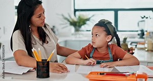 Mother, child and homework angry at home for learning discipline or adhd distraction, overwhelmed or mad. Female people, daughter and school project fail or frustrated pressure, unhappy or teaching