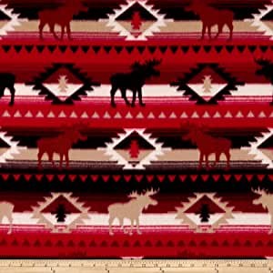 Windham Fabrics Polar Fleece Moose Stripe/Brown Fabric by The Yard, Red