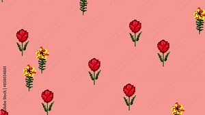 A cute pixel art animation: a repeated pattern of red roses flower, floating towards the upper left angle of the screen, over a pink background.