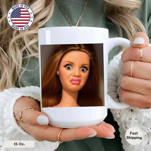 Funny Doll Face Mug, Unhinged Meme Mug, Disgusted Barbie Meme Coffee Cup, Sarcastic Reaction Gift, Weird Humor Tea Cup - Etsy