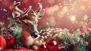 A deer is laying on a red background with Christmas decorations. The deer is surrounded by red and green decorations, including a bunch of red balls and a pine tree. The scene has a festive