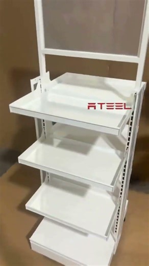 adjustable 3 shelf double sided display stand with wheels & side top signage area