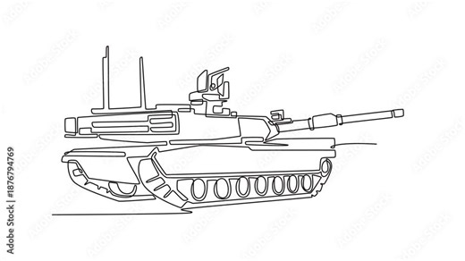 Animated self drawing of continuous line draw powerful main battle tank. Armored hull, rotating turret, long cannon barrel, and heavy treads of a modern war machine. Full length single line animation
