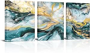 Zlove Abstract Wall Art Modern Marble Vortex Wall Decor Teal and Gold Painting for Bedroom Living Room Office, 12"x16", 3Pcs (Teal)