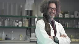 Portrait of a funny mad professor who is laughing in a funny way....