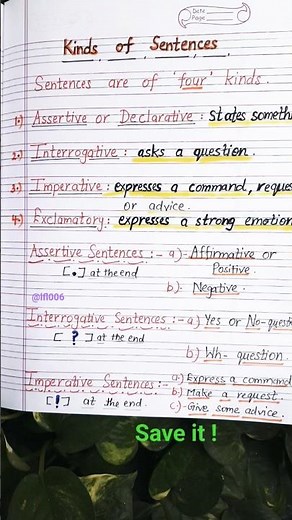 4 kinds of Sentences Explained (Handwritten Notes Short ) English Grammar Basics #shorts