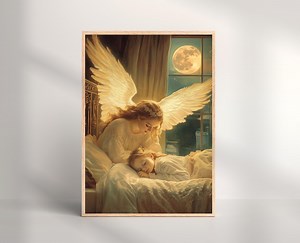 Guardian Angel Watching Over Sleeping Child Art Print | Angel Baby Room Decor | Christian Nursery Wall Art | Peaceful Protection - Etsy