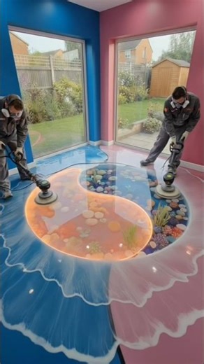 THIS YIN YANG OCEAN FLOOR IS INSANE 😱💙💗 Epoxy Transformation#epoxyfloor #epoxyresin #yinyang#shorts