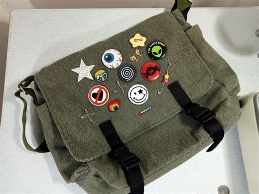 Olive Green Canvas Messenger Bag: Customizable Pin Decoration - Etsy