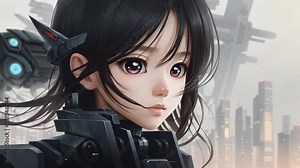 Cute anime girl, robot android, on the cyberpunk city background