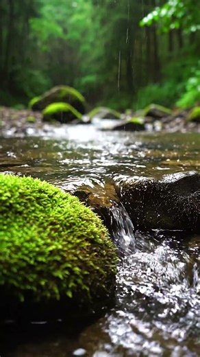 Forest Rain Stream Ambience with Flowing Water Over Mossy Rocks for Deep Sleep and Relaxation