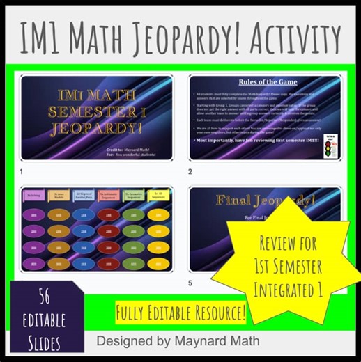IM1 1st Semester Math Jeopardy! Review – Editable Google Slides Game + Worksheet