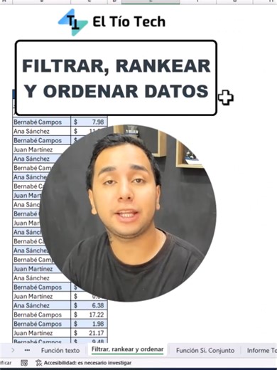 Cómo filtrar, rankear y ordenar datos con una sola sentencia de funciones en Excel ⚡📊 ¡Análisis avanzado en segundos! ¿Usas varias fórmulas para hacer lo mismo una y otra vez? 😅 Con este truco de Excel aprenderás a combinar funciones para filtrar, ordenar y rankear datos en una sola fórmula 🔎✅, logrando análisis potentes y automáticos en segundos 🚀 #Excel #exceltutorial #ElTioTech #ExcelTips #Viral