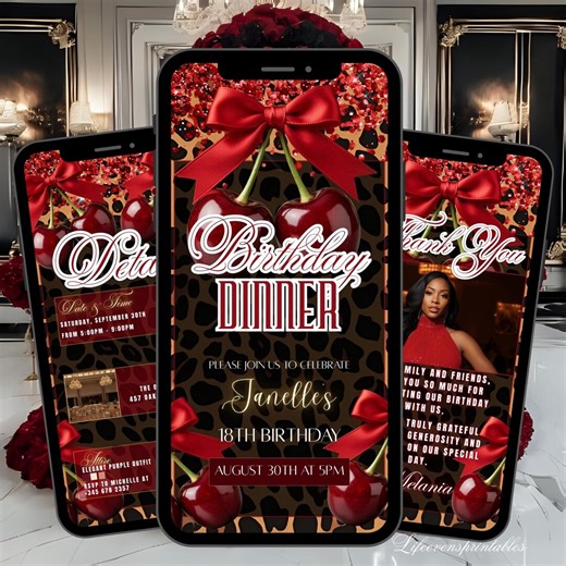 Cheetah Print Birthday Invitation Template RED, Digital Leopard Dinner Party Invite, Animated Red Cherry Evite, Editable Text Message Ecard - Etsy