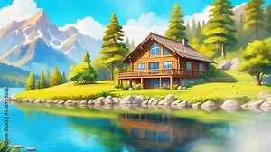 Anime background landscape, Beautiful mountain nature video footage animation anime cartoon wooden house on lake. Generative AI video looping animation