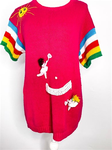Handmade Peruvian Cotton Knit Sweater Dress: Pink, Rainbow Sleeves, Folk Art Appliqués - Etsy