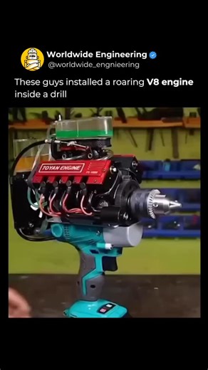 WORLDWIDE ENGINEERING 🌍 on Instagram: "Sometimes power comes in the most unexpected packages. A team installed a roaring V8 engine inside a drill, transforming an ordinary tool into a beast of engineering. The setup is complex, with countless cables, custom mounts, and additional components all working together to handle the immense power. Watching it run is both shocking and fascinating as such a tiny device produces energy no one would expect. This project shows that creativity and engineerin
